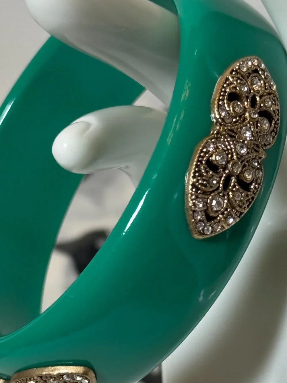 Green Teal Jeweled Cuff Bangle Bracelet Faux Diamond Jeweled Vintage Look